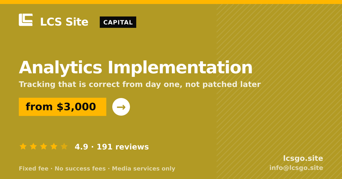 Analytics Implementation — from $3,000, rated 4.9/5 across 191 reviews. LCS Site.
