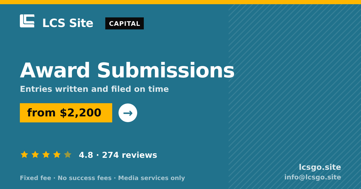 Award Submissions — from $2,200, rated 4.8/5 across 274 reviews. LCS Site.