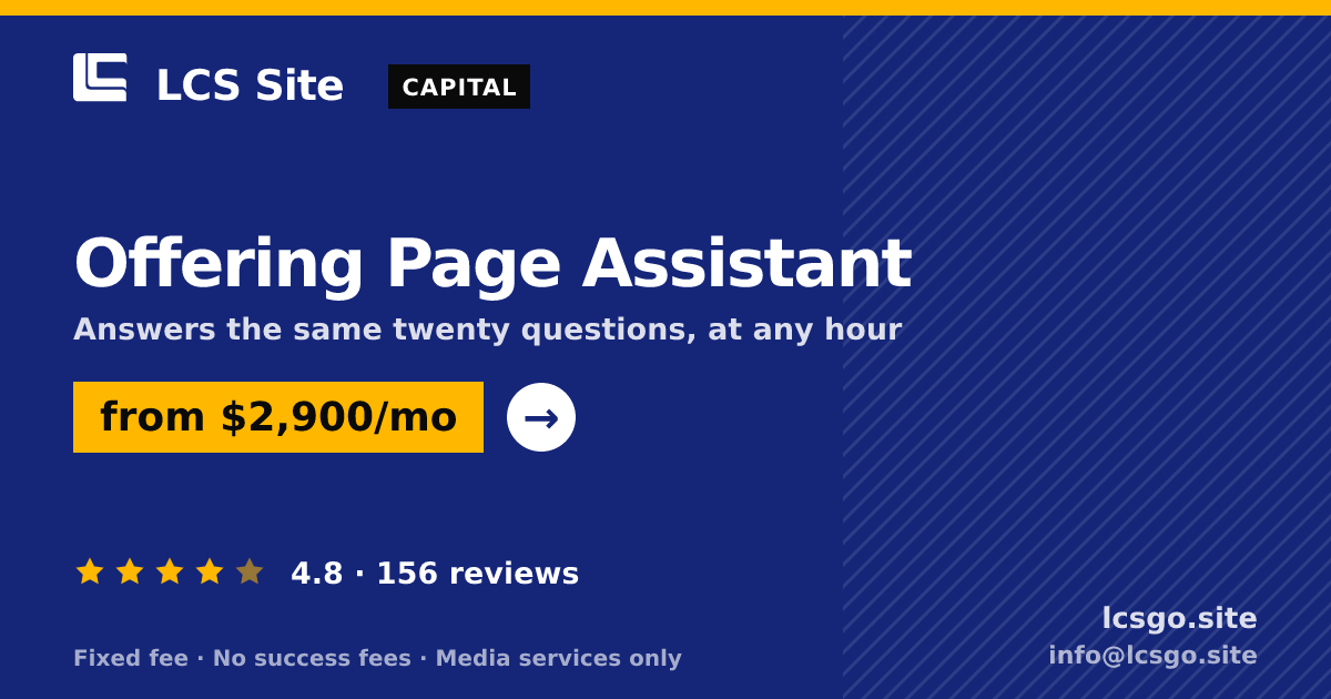 Offering Page Assistant — from $2,900/mo, rated 4.8/5 across 156 reviews. LCS Site.
