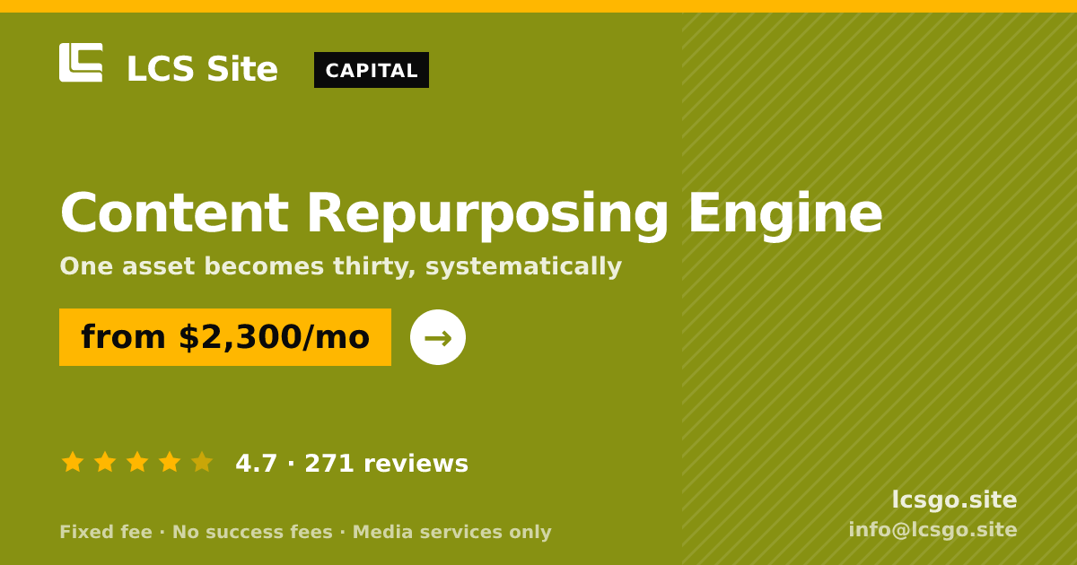 Content Repurposing Engine — from $2,300/mo, rated 4.7/5 across 271 reviews. LCS Site.