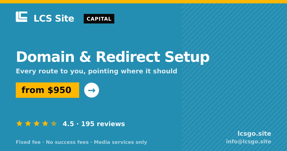 Domain & Redirect Setup — from $950, rated 4.5/5 across 195 reviews. LCS Site.