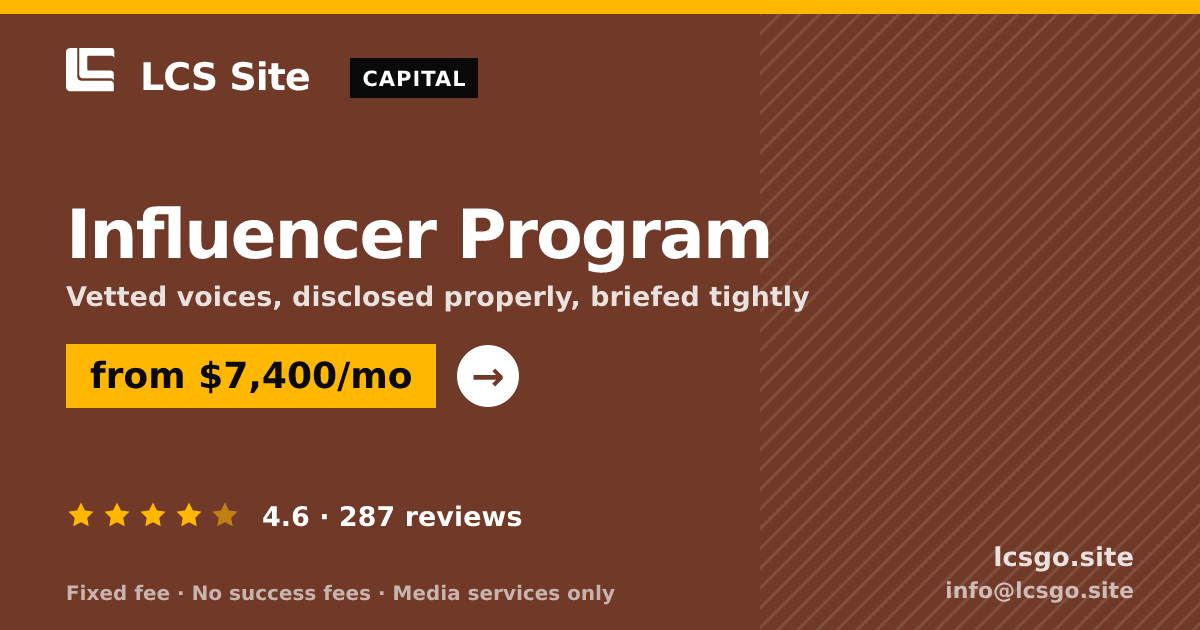 Influencer Program — from $7,400/mo, rated 4.6/5 across 287 reviews. LCS Site.