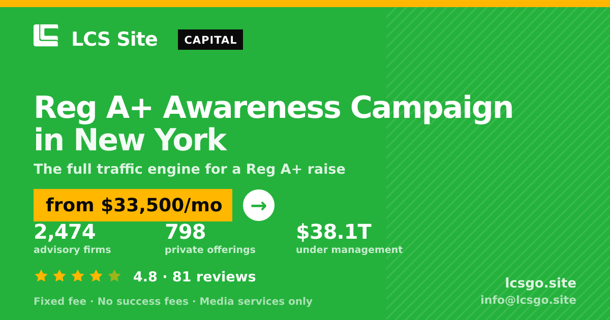 Reg A+ Awareness Campaign in New York — from $33,500/mo, rated 4.8/5 across 81 reviews. LCS Site.