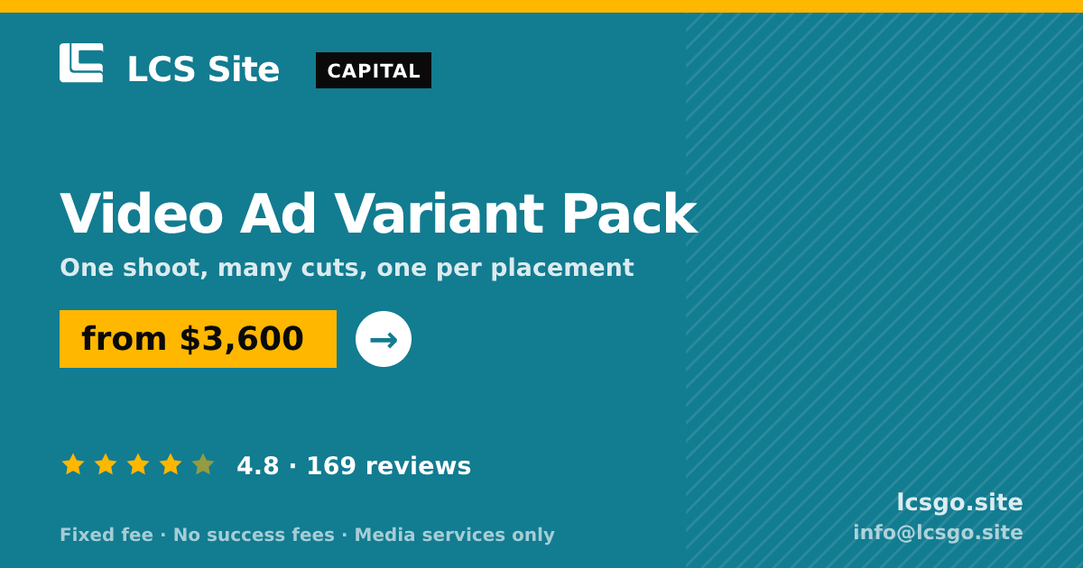 Video Ad Variant Pack — from $3,600, rated 4.8/5 across 169 reviews. LCS Site.
